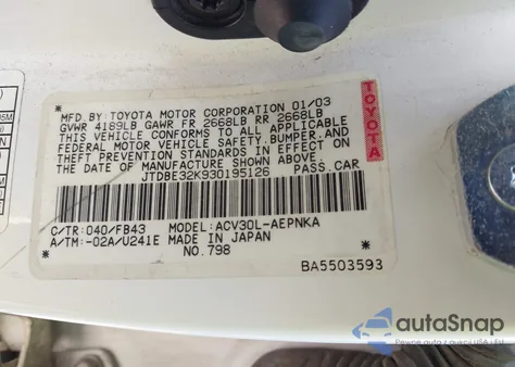 2003 Toyota Camry Le z USA, uszkodzony, nr VIN JTDBE32K930195126